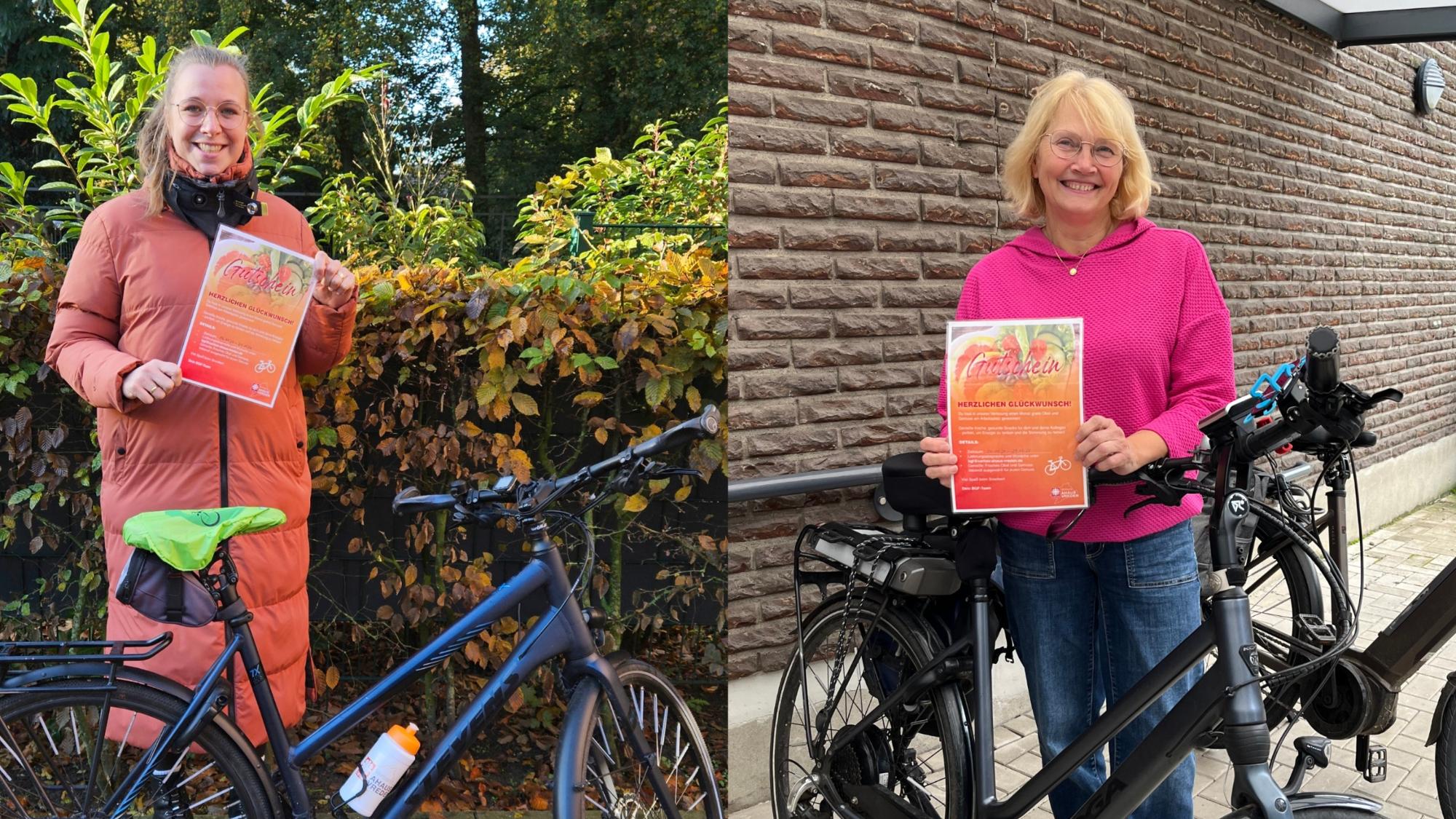 Lisa Bagus (l.) und Clementine Katschker gewannen einen Monat lang frisches Obst und Snackgemüse für sich und ihre Kolleginnen und Kollegen am Arbeitsplatz.