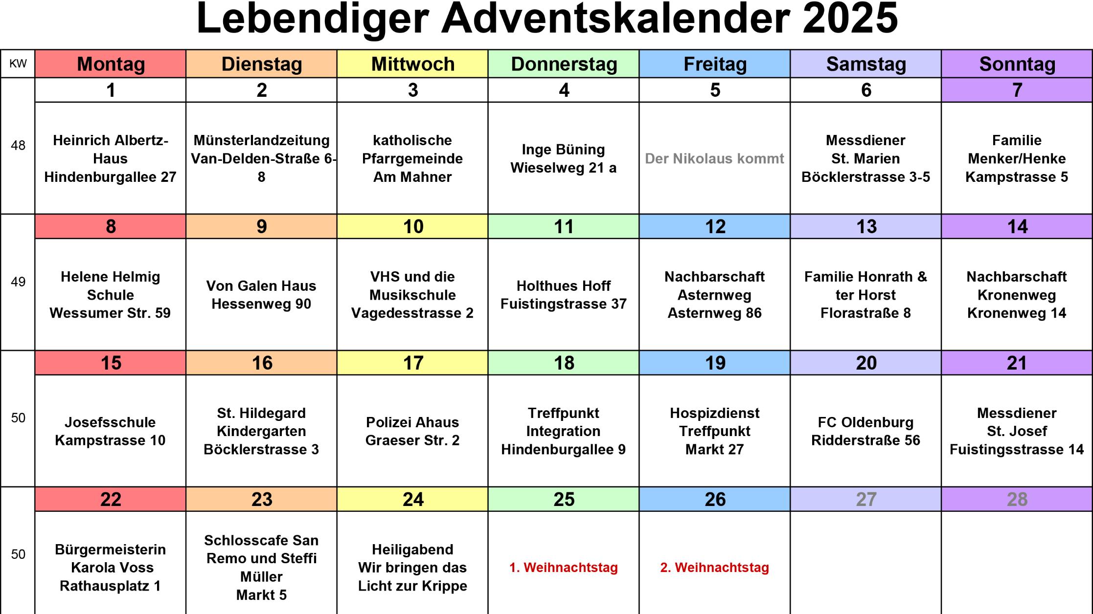 Die Termine des Lebendigen Adventskalenders 2025 in Ahaus